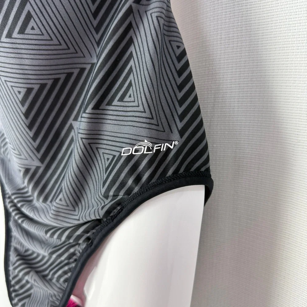 Dolfin Swimsuit Women's One Piece Pink Black Geometric Athletic Swimwear‎